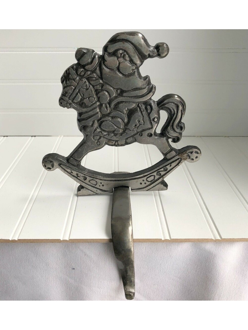 Large Cast Iron Santa on Horse Stocking Holder Heavy Country Style Christmas